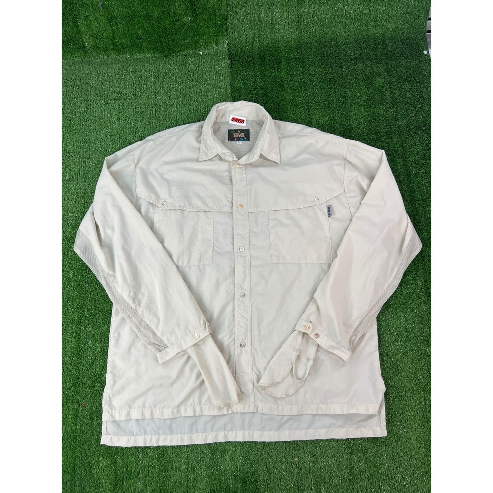 Teva Mens Large Beige Long Sleeve Vented Fishing Hiking Outdoor Button Up Shirt